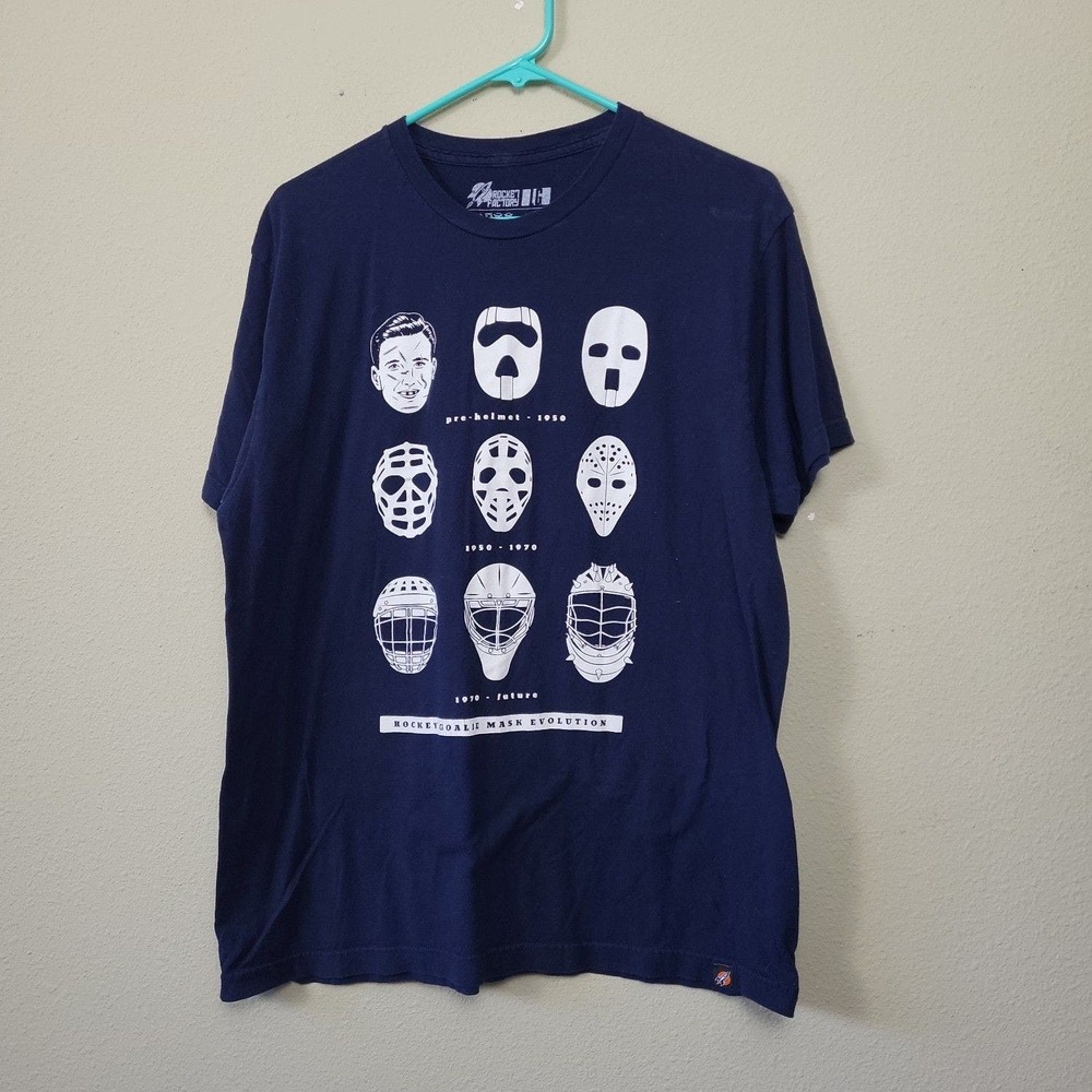 Rocket Factory‎ Men's L Hockey Goalie Mask Evolution Graphic Tee Shirt Cotton
